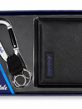 Aeropostale Black Wallet and Metal Carabiner Key Holder Set